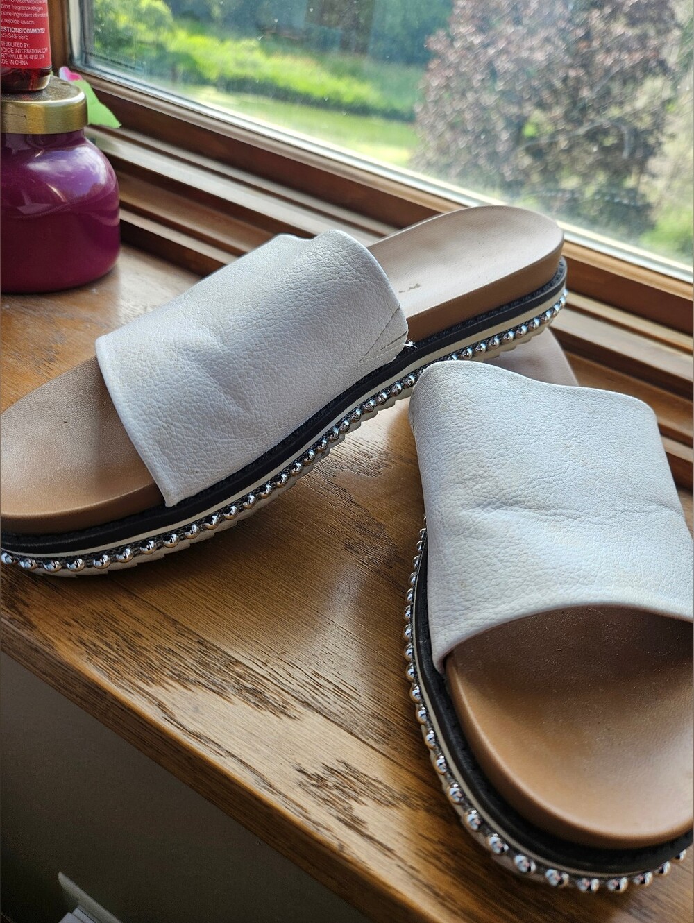 White Mountain White Slide Sandals with Metallic Stud Trim